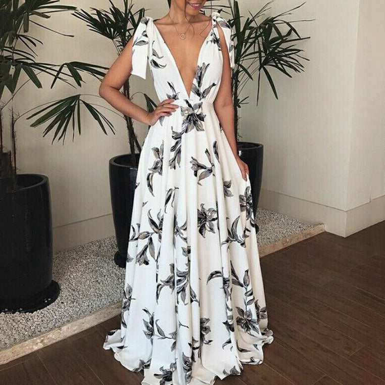 Boho Deep V Neck Halter Sling Floarl Printed Maxi Dress