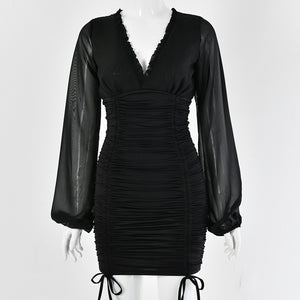 Sexy Deep V Wood Ears Long Sleeve Bodycon Dress