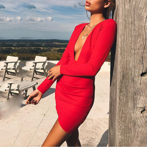 Sexy Deep V-Neck Long Sleeve Party Mini Dress