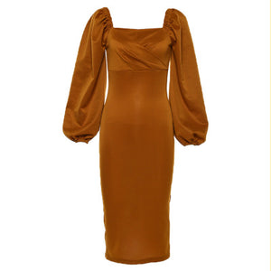 Mid-Length V-Neck Puff Sleeve Bodycon Dress