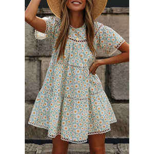 Cute Round Neck Lacework Floral Printed Dress