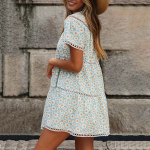 Cute Round Neck Lacework Floral Printed Dress