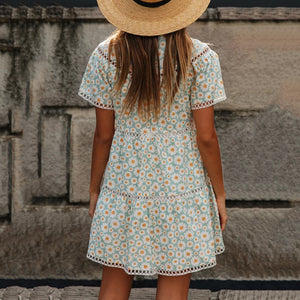 Cute Round Neck Lacework Floral Printed Dress