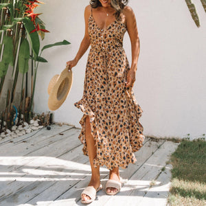 Leopard Printed Ruffle Vacation Dress