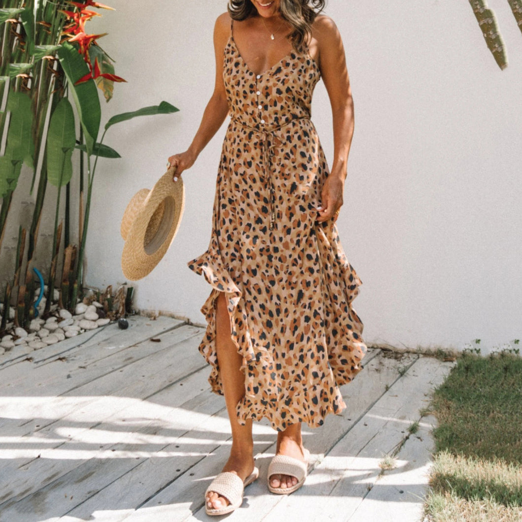 Leopard Printed Ruffle Vacation Dress