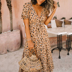 Sexy V-Neck Leopard Printed Maxi Dress