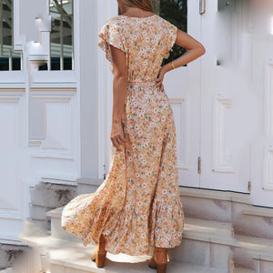 V-Neck Floral Print Irregular Maxi Dress