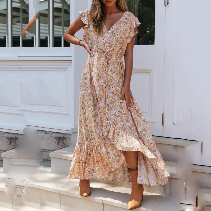 V-Neck Floral Print Irregular Maxi Dress