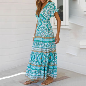 Vintage V-Neck Printed Maxi Dress