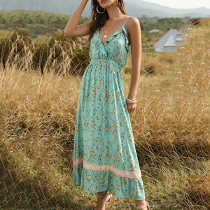 Bohemian Style Ruffle V-Neck Floral Printed Maxi Dress