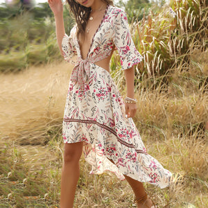 Vintage Floral Printed Bohemian Irregular Maxi Dress