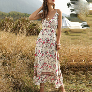 Bohemian Style Ruffle V-Neck Floral Printed Maxi Dress