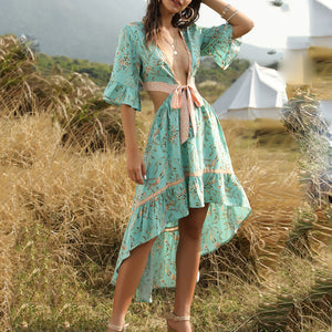 Vintage Floral Printed Bohemian Irregular Maxi Dress