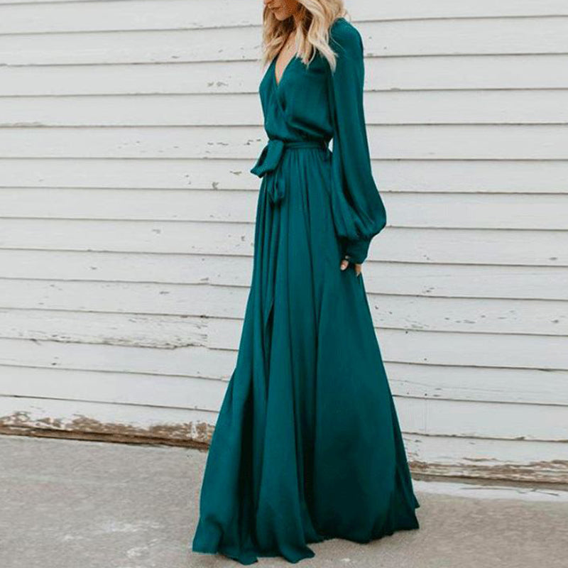 Solid Color Lantern Sleeve Maxi Dress