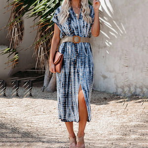 Printed V-Neck Slit Dress With Belt