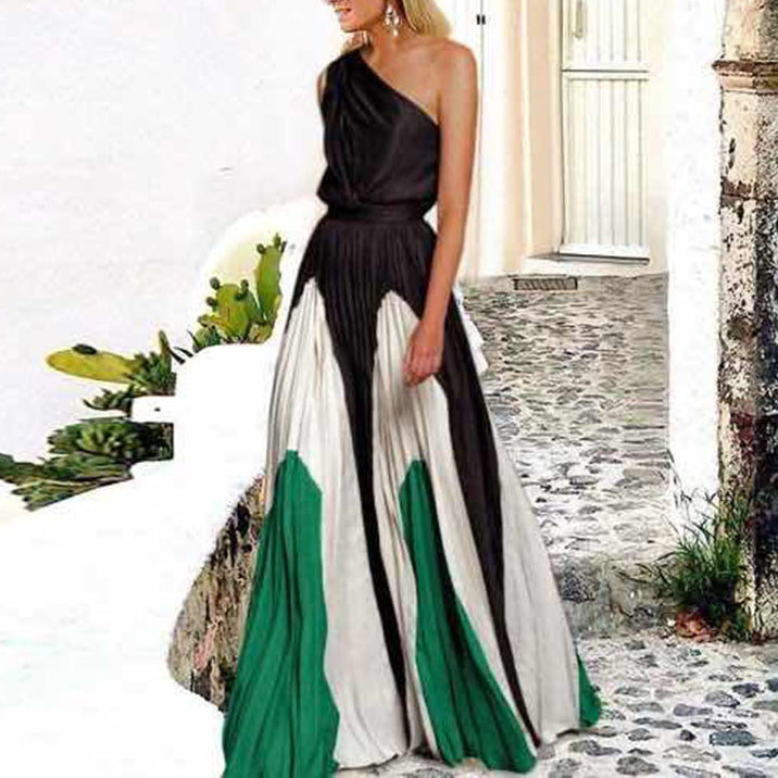 Stitching One Shoulder Printed Maxi Dress