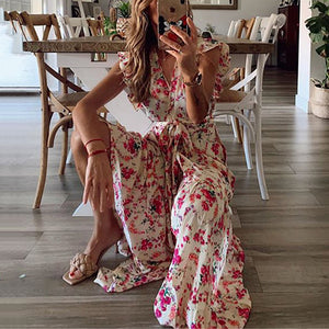 Floral Print V-Neck Design Vaction Dress