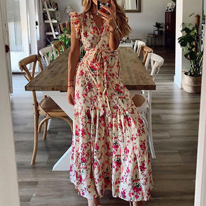 Floral Print V-Neck Design Vaction Dress