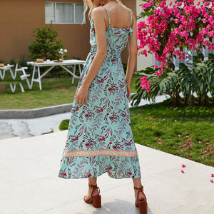 Bohemian Style Ruffle V-Neck Floral Printed Maxi Dress