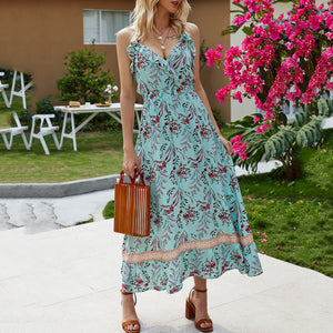 Bohemian Style Ruffle V-Neck Floral Printed Maxi Dress