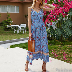Bohemian Style Ruffle V-Neck Floral Printed Maxi Dress