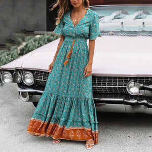 V Neck Beach Holiday Printed Maxi Dress