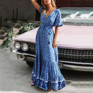 V Neck Beach Holiday Printed Maxi Dress
