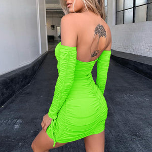 Sexy Wrapped Chest Long Sleeve Tie Pleated Mini Dress