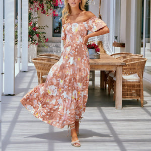 Off Shoulder Printed Mid Sleeve Maxi Dress