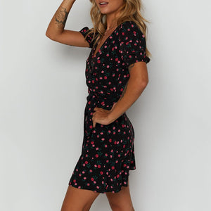 Cute V-Neck Floral Printed Short Sleeve Dress