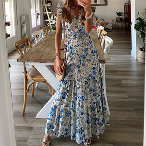 Floral Print V-Neck Design Vaction Dress