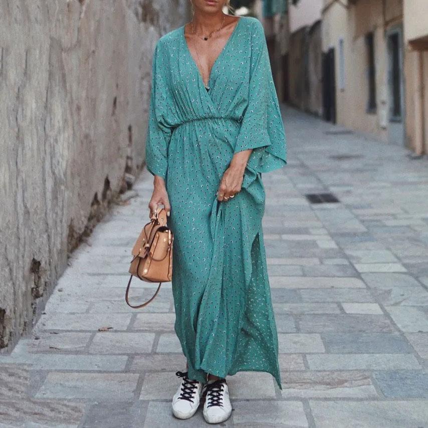 Elegant V-Neck Printed Maxi Dress