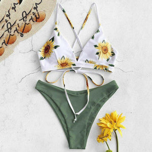 Cute Flower Printed Backless Bikini