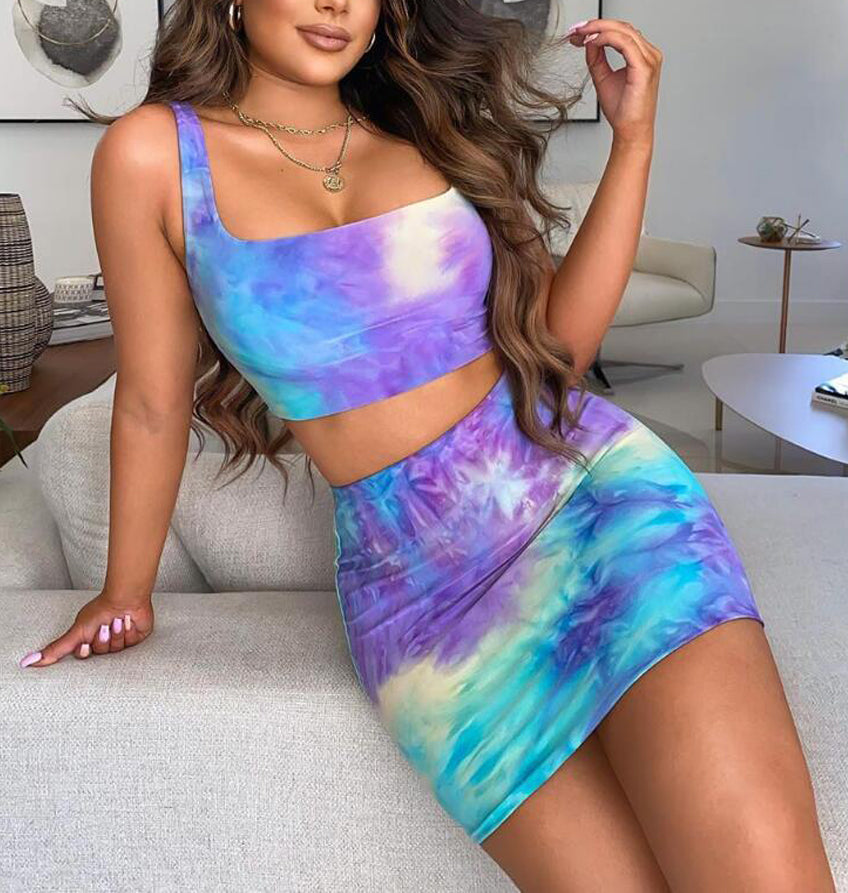Sexy Tie Dye Vest+ Short Dress Set