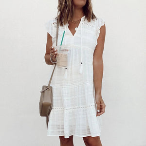 V Neck Fringed Ruffle Sleeve Mini Dress