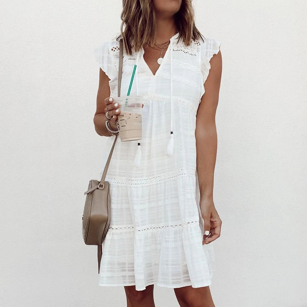 V Neck Fringed Ruffle Sleeve Mini Dress