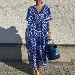 Printed V Neck Short Sleeve Maxi Dress