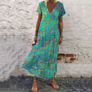 Boho V-Neck Printed Casual Maxi Dress