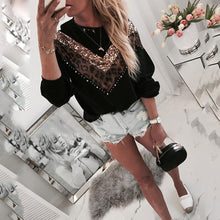 Load image into Gallery viewer, Sequined Leopard Stitching Long-Sleeved Round Neck Tops
