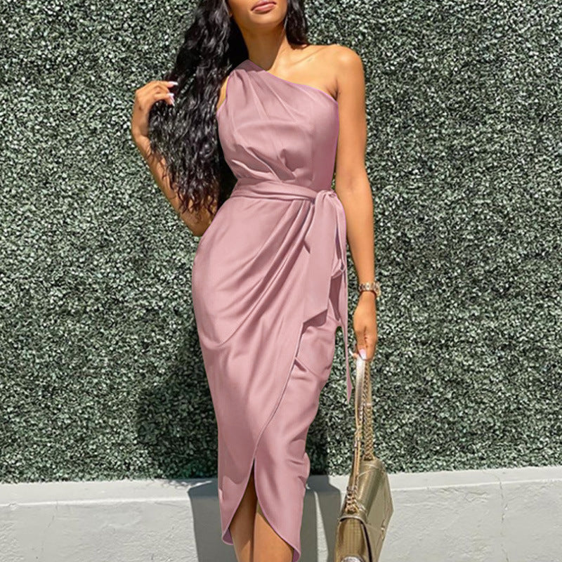 Elegant Solid Color Slanted Shoulder Slim-Fit Satin Maxi Dress