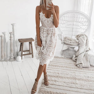 Sexy V-Neck Lace Backless Midi Dress
