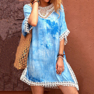Tie-Dye Lace Contrast Short-Sleeved Mini Dress