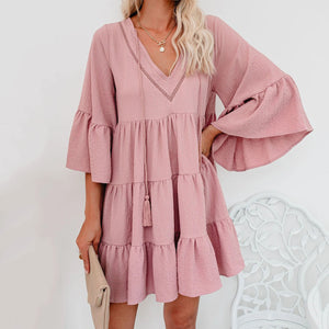 V-Neck Lace Up Ruffle Dress