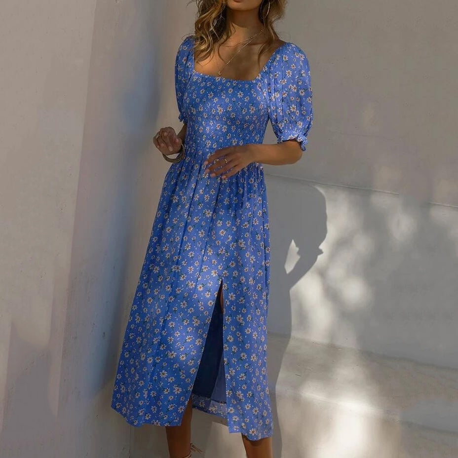 Short Sleeve Printed Pullover Square Neck Maxi Dress
