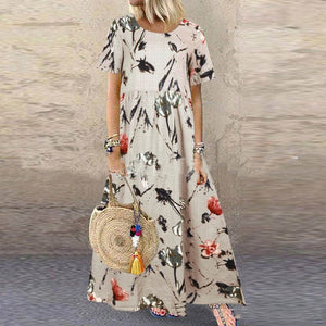 Cotton And Linen Print Round Neck Dress