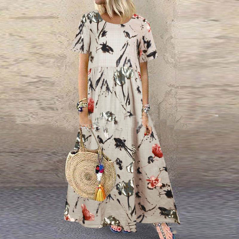 Cotton And Linen Print Round Neck Dress