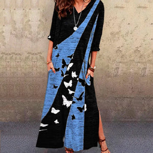 V-Neck Short-Sleeved Printed Slit Dress