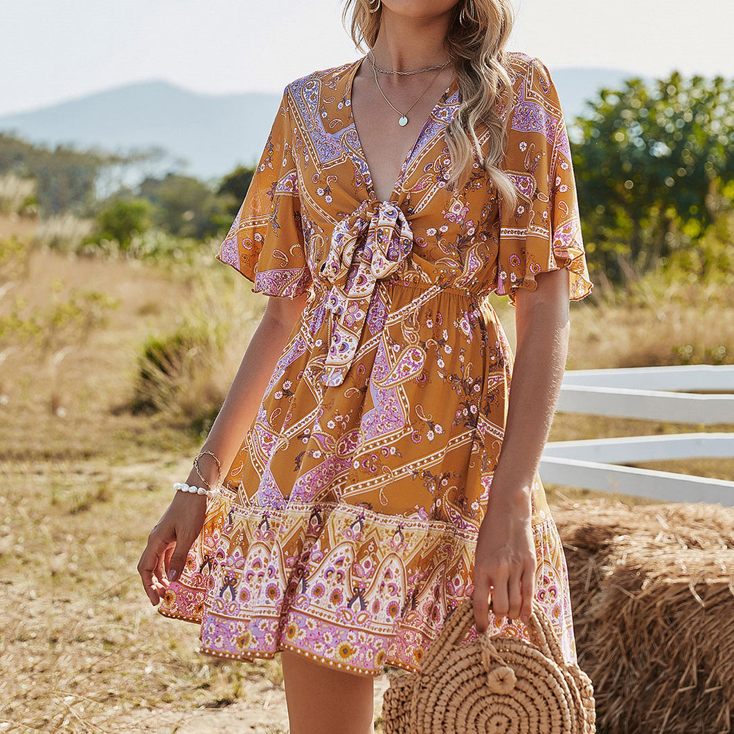 V-Neck Floarl Print Vacation Dress