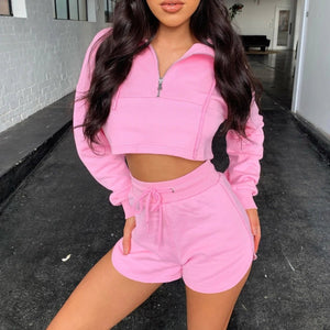 Casual Zip Sweatshirt+Shorts Suit Loungewear Set