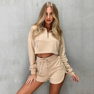 Casual Zip Sweatshirt+Shorts Suit Loungewear Set